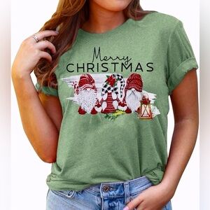 Women’s XXL Merry Christmas Gnome T Shirt Green Short Sleeve Holiday Graphic Tee